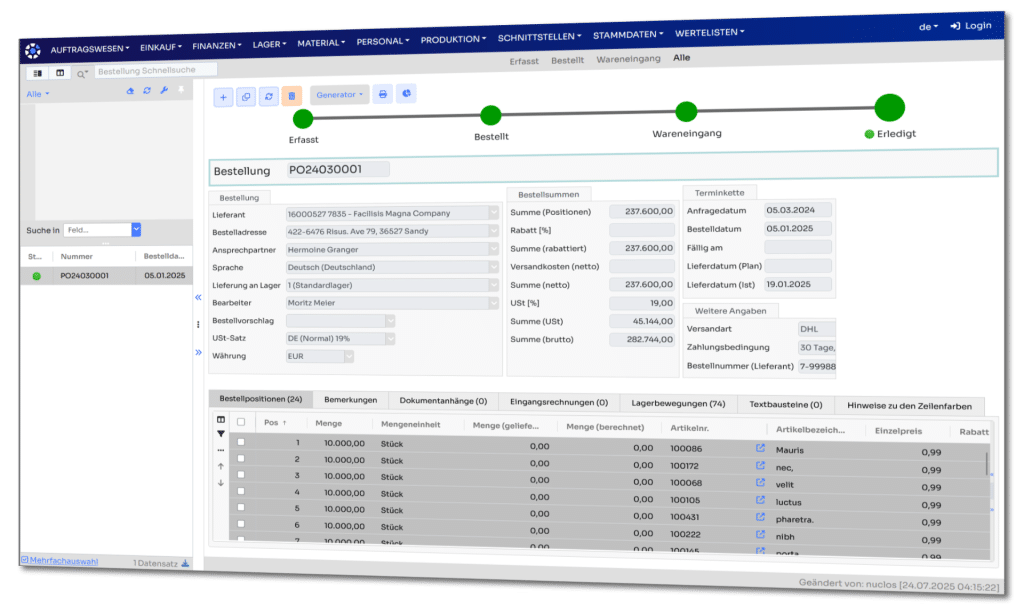 Der Bestellvorgang des Nuclos Open Source ERP im Webclient